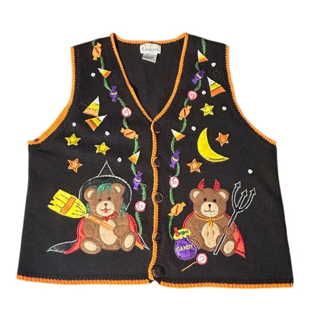 Vintage Basic Editions Halloween Knit Vest Large Bear Witch Devil Halloween Moon